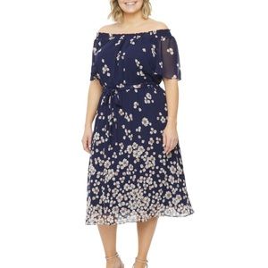 Studio 1 Plus Short Sleeve Off The Shoulder Floral Midi Fit + Flare Dress